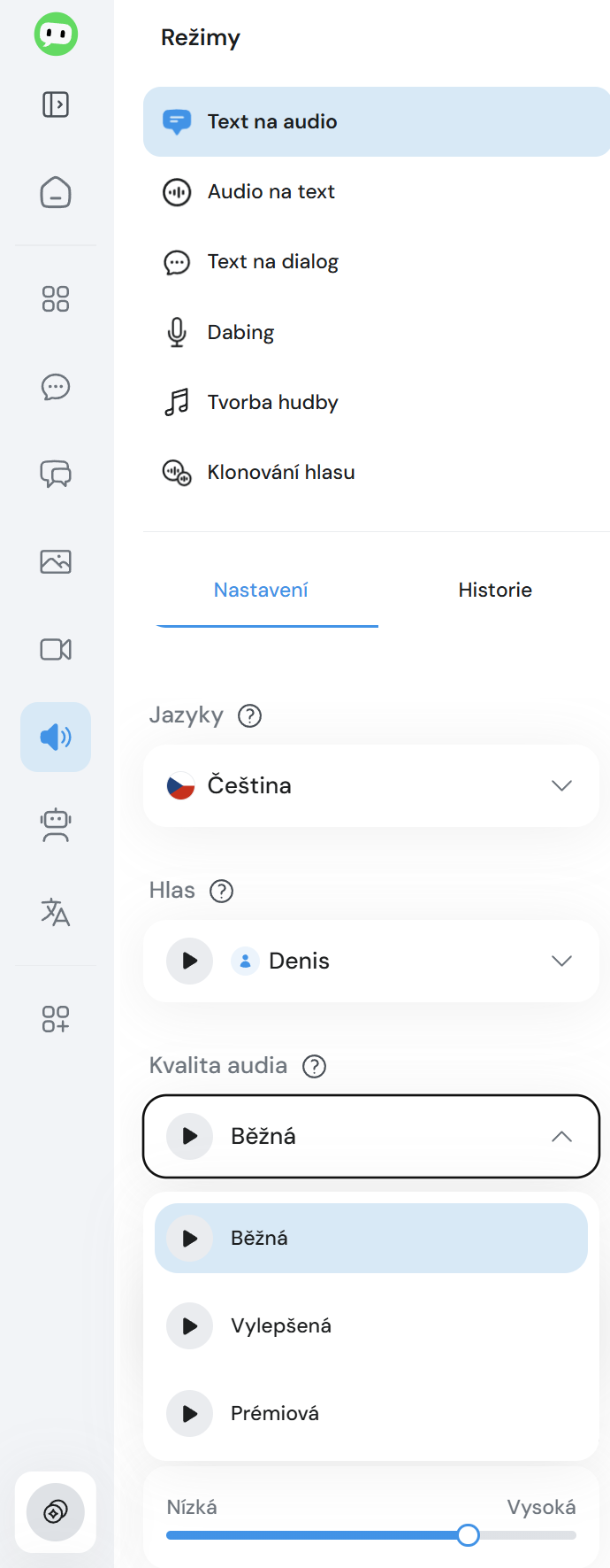 Prepínač kvality audia v sekci Text-to-Speech
