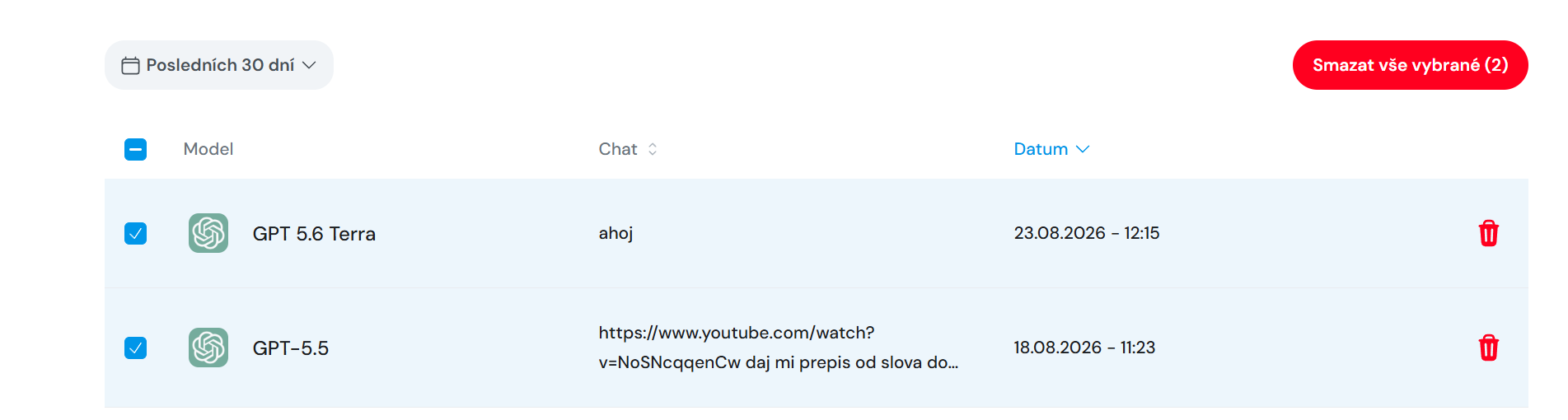 Hromadné smazání položek v historii