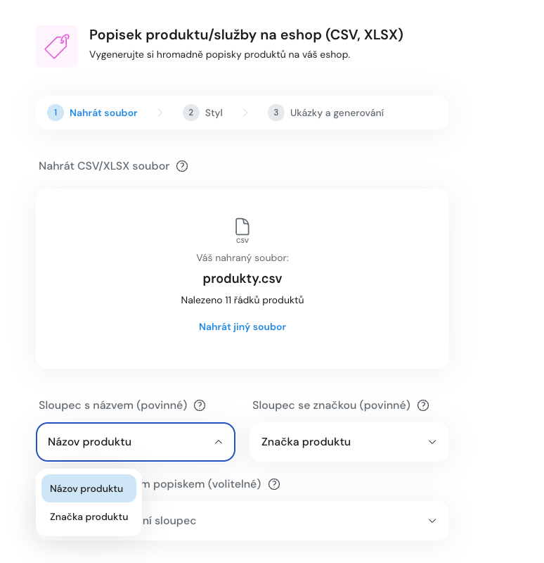 Nahrání souboru s produkty