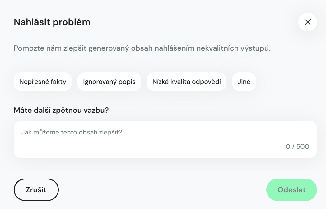 Modal Nahlásit problém v sekci Chat