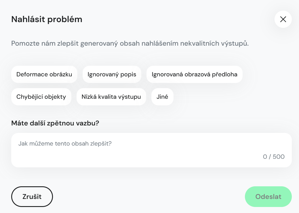 Modal Nahlásit problém v sekci Grafika