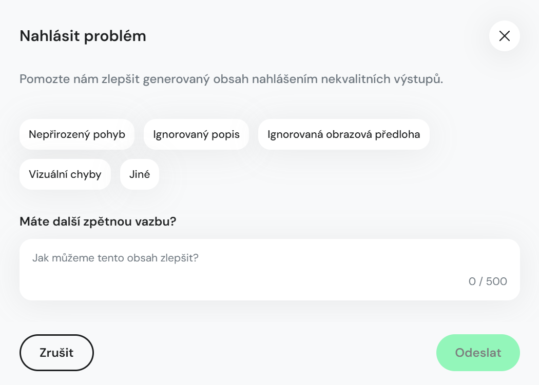 Modal Nahlásit problém v sekci Video