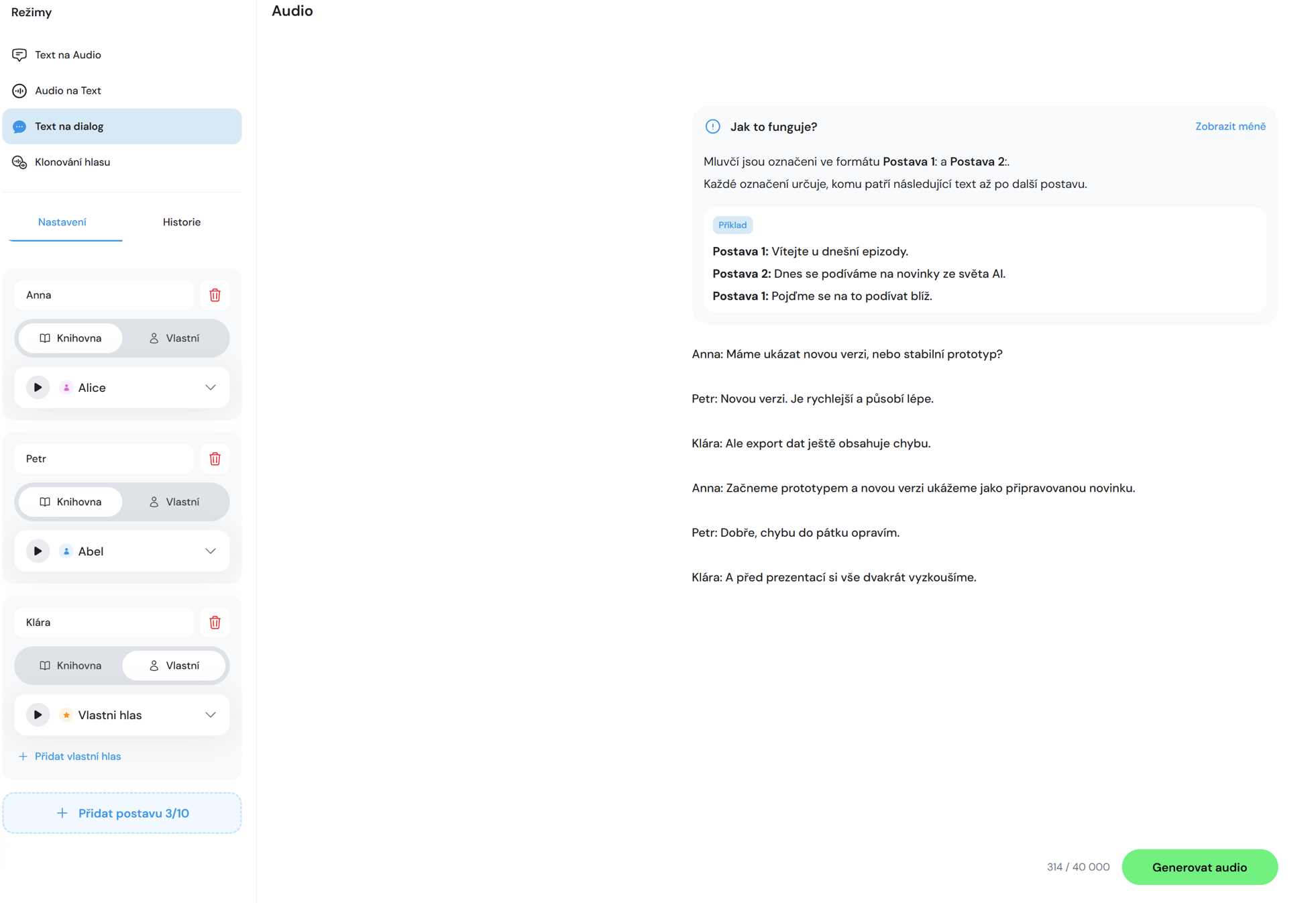Sekce Text na dialog