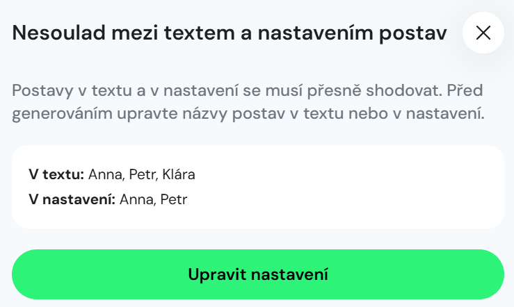 Upozornění na nesoulad postav v Text na dialog